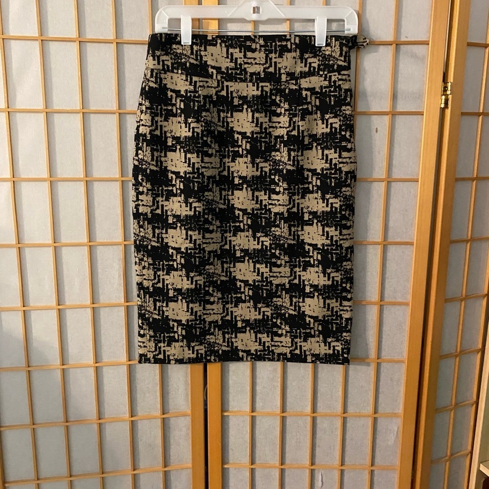 Grace Black Beige Abstract Print Pencil Skirt 4 Stretch Knit Office Workwear